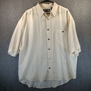 Street Scenes Shirt Mens L 100% Silk‎ Beige Short Sleeve Button Up Lightweight